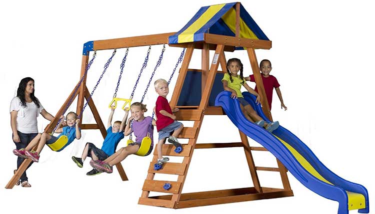 Backyard Discovery Dayton Wooden Swing set For Kids. Also inclues a sand pit under that little house which is pretty cool.