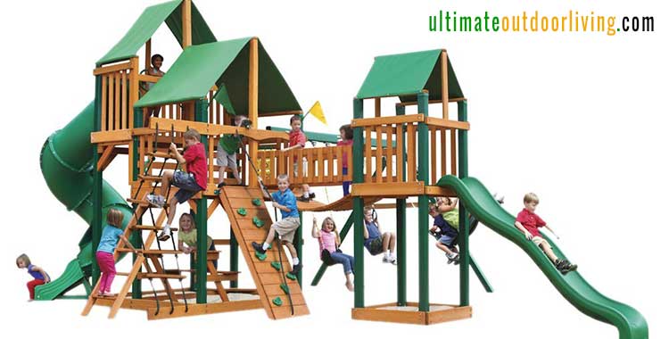 Wooden Playsets for big backyard. The Gorilla Playset treasure trove. 2 slides, climbing frame, picnic area, sand pit and more!