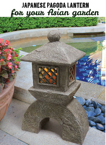 Decorate your Asian garden with this Japanese pagoda lantern. Lighted and in front of a water feature (pond)