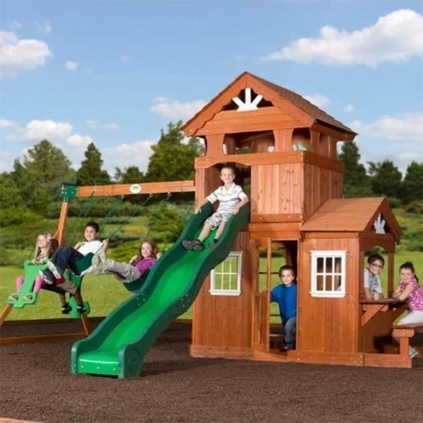 Big Backyard Playset which includes a clubhouse with the play kitchen that has a pretend sink, cordless phone and stove.