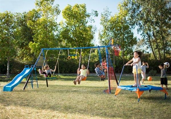 8 Different activities in one - Great way to get your kids healthy and exercised. This activity set includes a slide, a trampoline, a basketball hoop with a ball, 3 different types of swings (belt swing, flying saucer, glider), a trapeze bar, and a soccer ball with net.