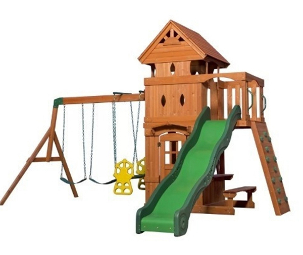 A simple wooden swing set for kids.  Made of cedar, it has a 10-foot slide and a glider swing there's also a picnic table under the tower.