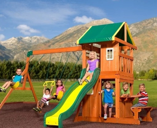 A cute swing set for less than $600. Lots of different activities for kids such as a wavy swing, picnic table  and a trapeze swing.