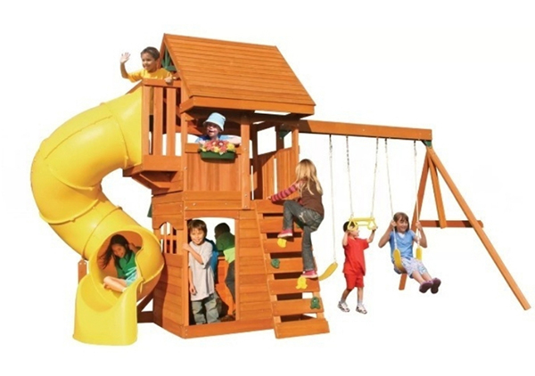A swing set with multi activities such as a trapeze, a climbing frame and a club house.  this is recommended for kids 7 â€“ 8 years old. It has a total weight capacity of 990 lbs. 