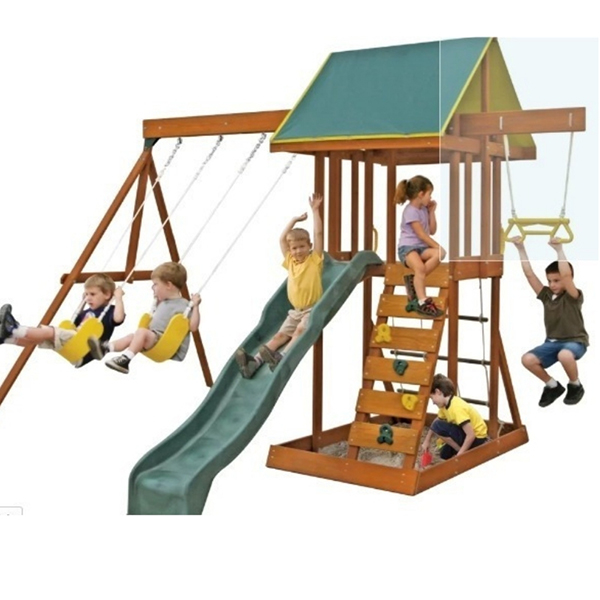 A multi activity playset that is sure to entertain a lot of kids at the same time. Love that it has a sandpit under the tower -- great use of space. And check out the climbing frame and trapeze bars, too