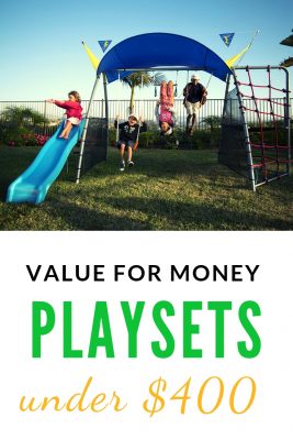 Swing Sets under $400. On a budget? There are some good ideas here. These are made of steel - they're durable too! And check out all the many activities these playsets offer from trampoline to a saucer swing.