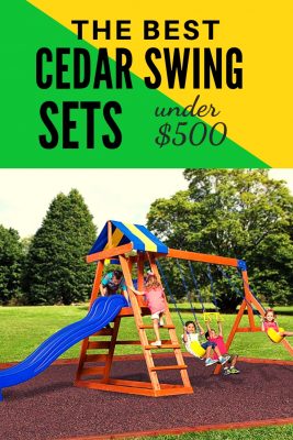 Best Wooden Swing Sets under $500 dollars. This is a steal! Cedar wood playsets that are perfect for small backyards. There's even one that is small enough for a toddler swing set. Check it out!