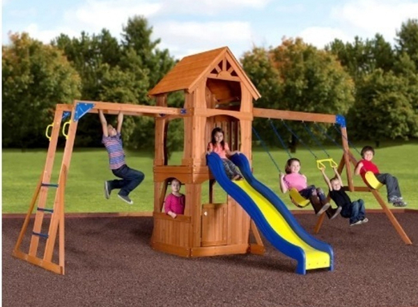 Wooden Swing set with Monkey bars! This isn't a very common feature. So if you want your kids to have monkey bars to play with in the yard, you'd love to have a look at this. One of those sets that kids from 3 years old to young teens can enjoy.