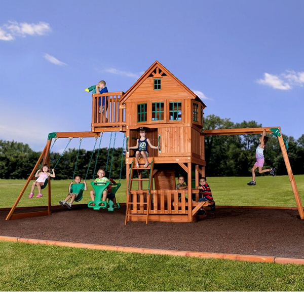 Big Cedar Swing set with monkey bars.  This is a wooden playset for 3 â€“ 10 years old.