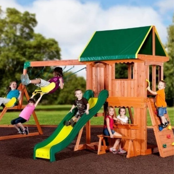 A swing set with a climbing frame. This is a unique feature as a lot of playsets at this price do not have a climbing frame. Kids love going up to the tower to use the slide using this climbing frame.