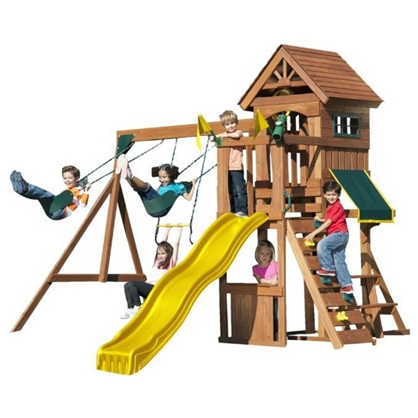 A small wooden swing set with a lot of activities for kids 3 - 10 years old. some of the fun features include a slide, tower, climbing frame.