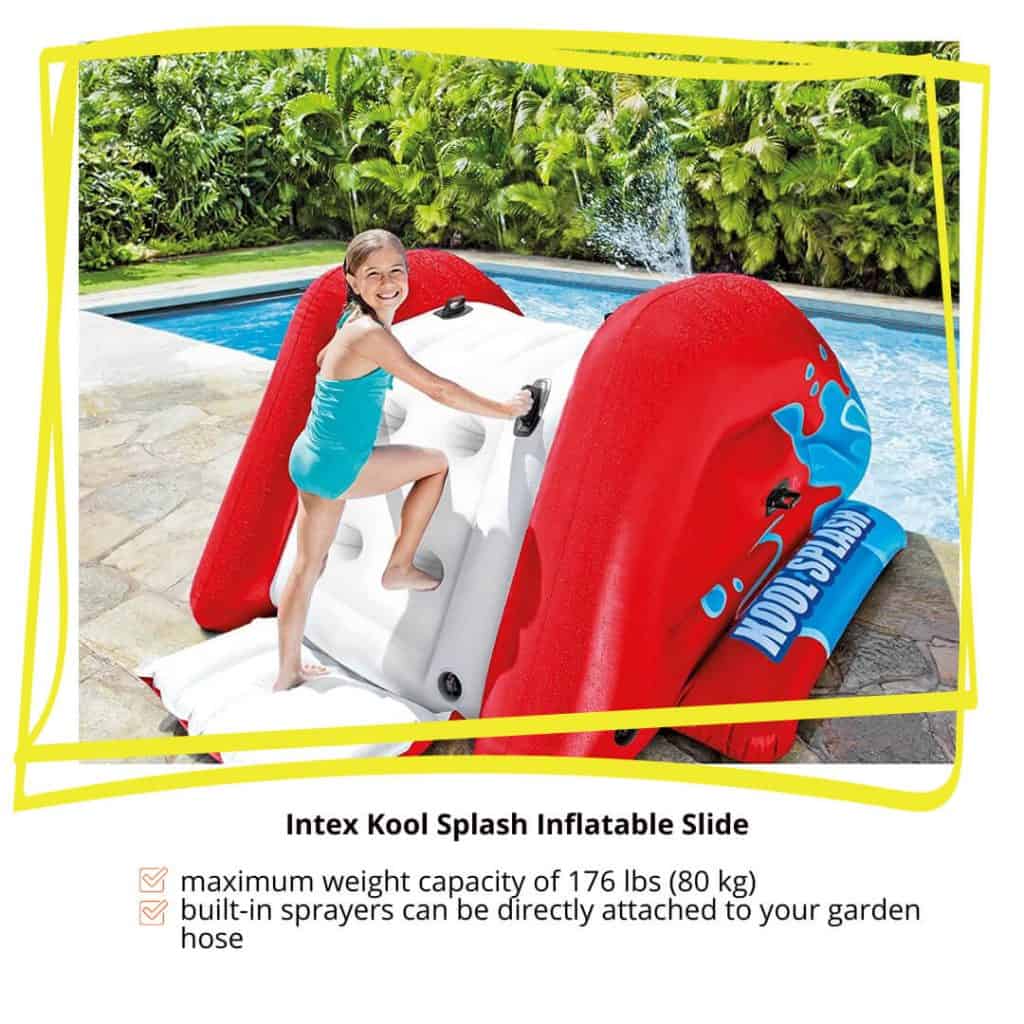 Inflatable inground pool slide in red and white with a girl getting ready to cclimb up the slide get into the water.
